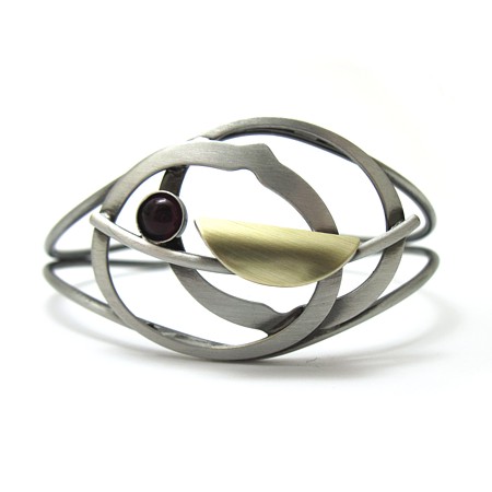 Two tone Open Circles with Red Glass Cuff Bracelet - Click Image to Close